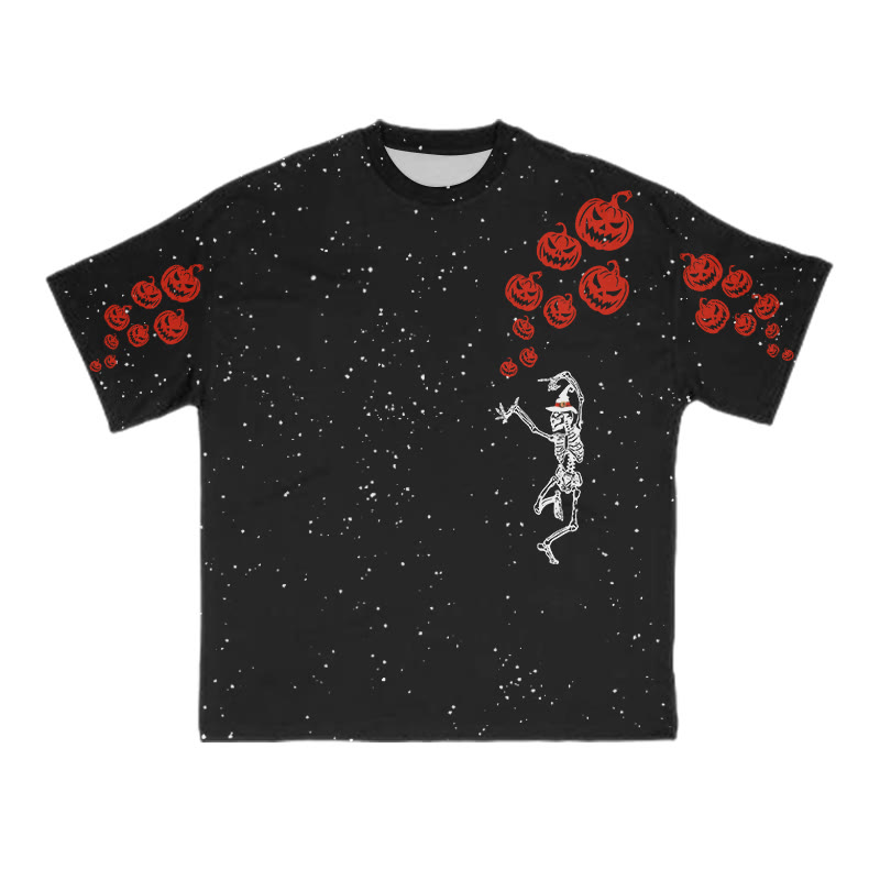Unisex Dancing Skeleton Pumpkin Halloween Print T-shirt - Black - 8XL - image 2