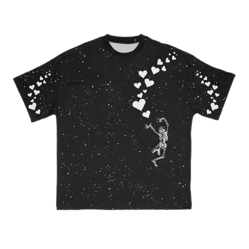 Unisex Dancing Skeleton Heart Print T-shirt - Black - 8XL - image 2