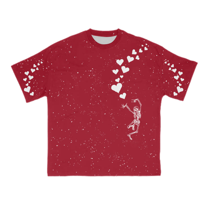 Unisex Dancing Skeleton Heart Print T-shirt - Red - 8XL - image 1
