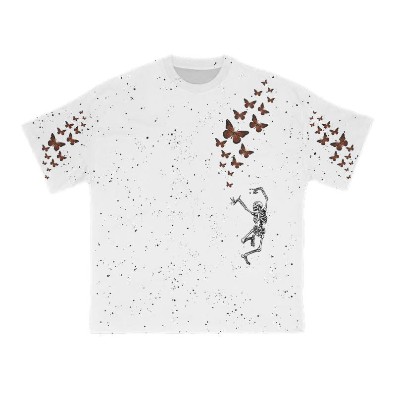 Unisex Dancing Skeleton Butterfly Print T-shirt - White - 8XL - image 1