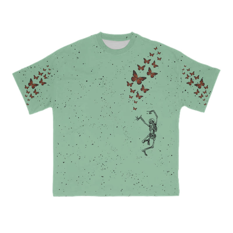Unisex Dancing Skeleton Butterfly Print T-shirt - Green - 8XL - image 6