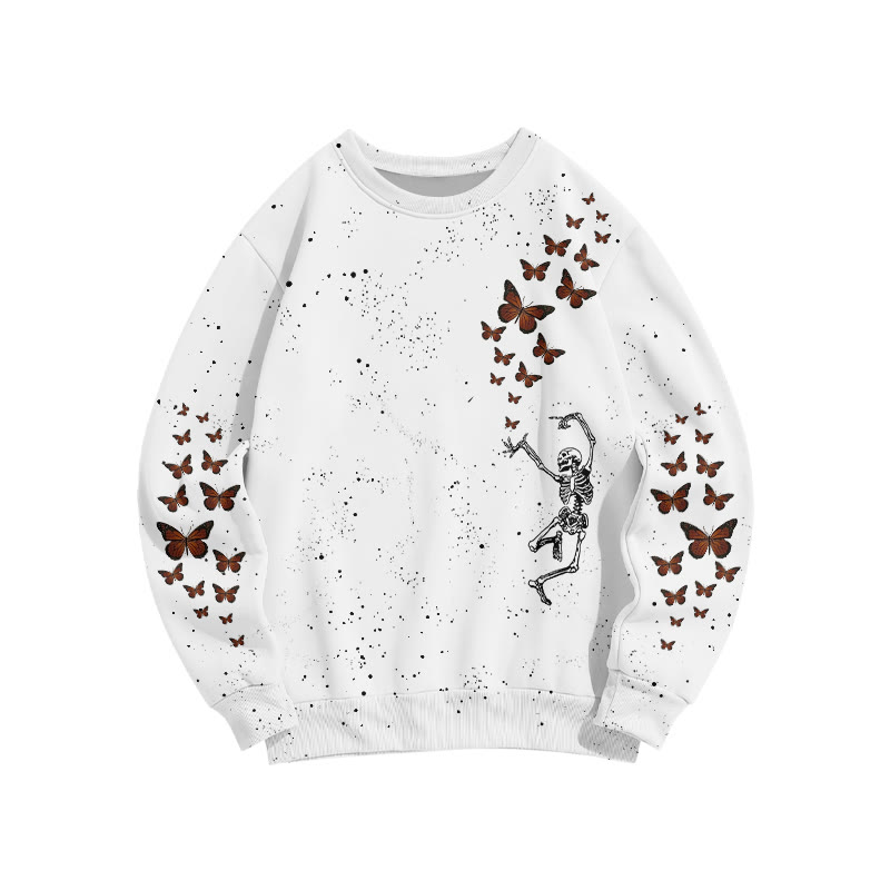 Unisex Dancing Skeleton Butterfly Print Sweatshirt - White - 6XL - image 1