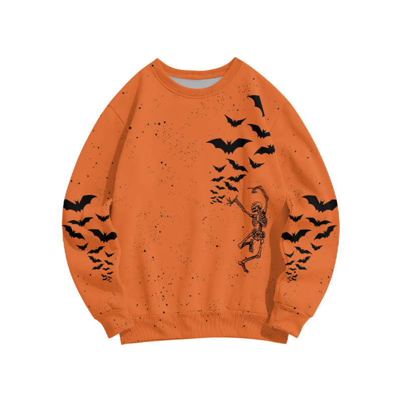 Unisex Dancing Skeleton Bat Halloween Print Sweatshirt - Orange - 6XL - image 1
