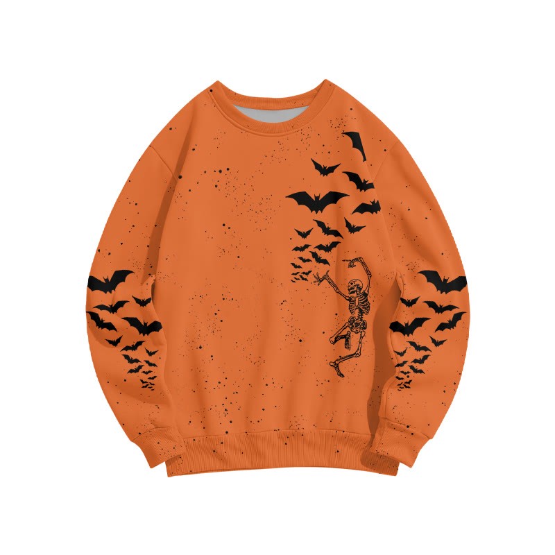 Unisex Dancing Skeleton Bat Halloween Print Sweatshirt - Orange - 6XL - image 1