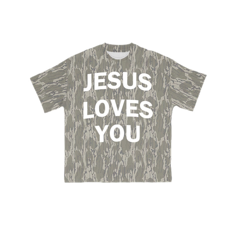 Unisex Jesus Loves You Bark Camouflage Print T-shirt - Green - 8XL - image 1
