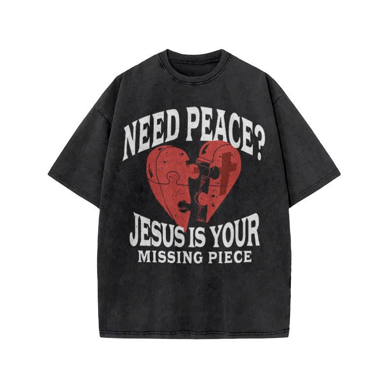 Unisex Cute Need Peace? Jesus Is Your Missing Piece Print Acid Washed T-shirt - Black - US20-22(3XL) - image 2