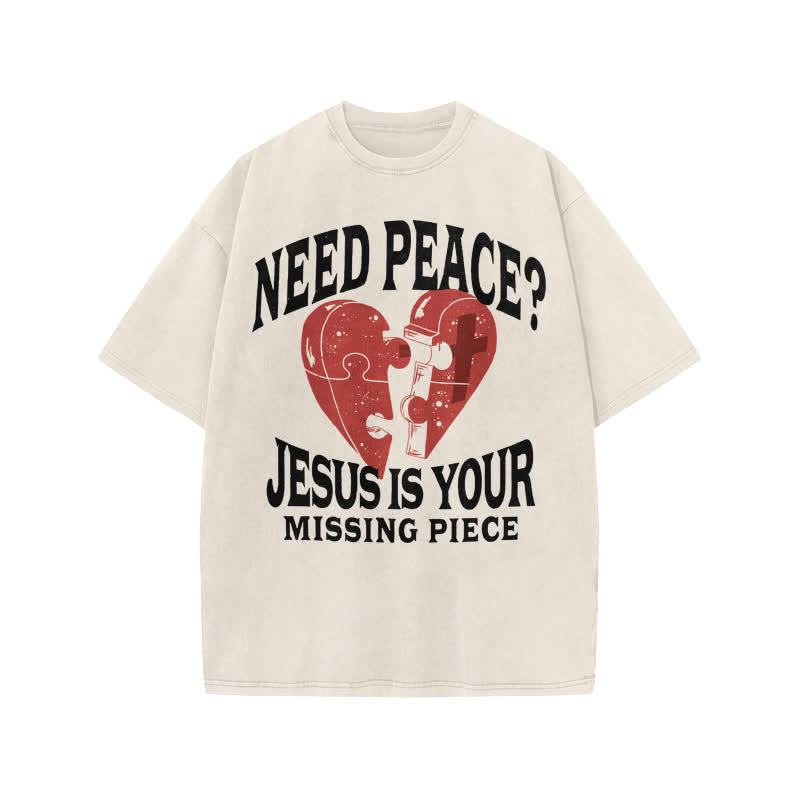 Unisex Cute Need Peace? Jesus Is Your Missing Piece Print Acid Washed T-shirt - Beige - US20-22(3XL) - image 1