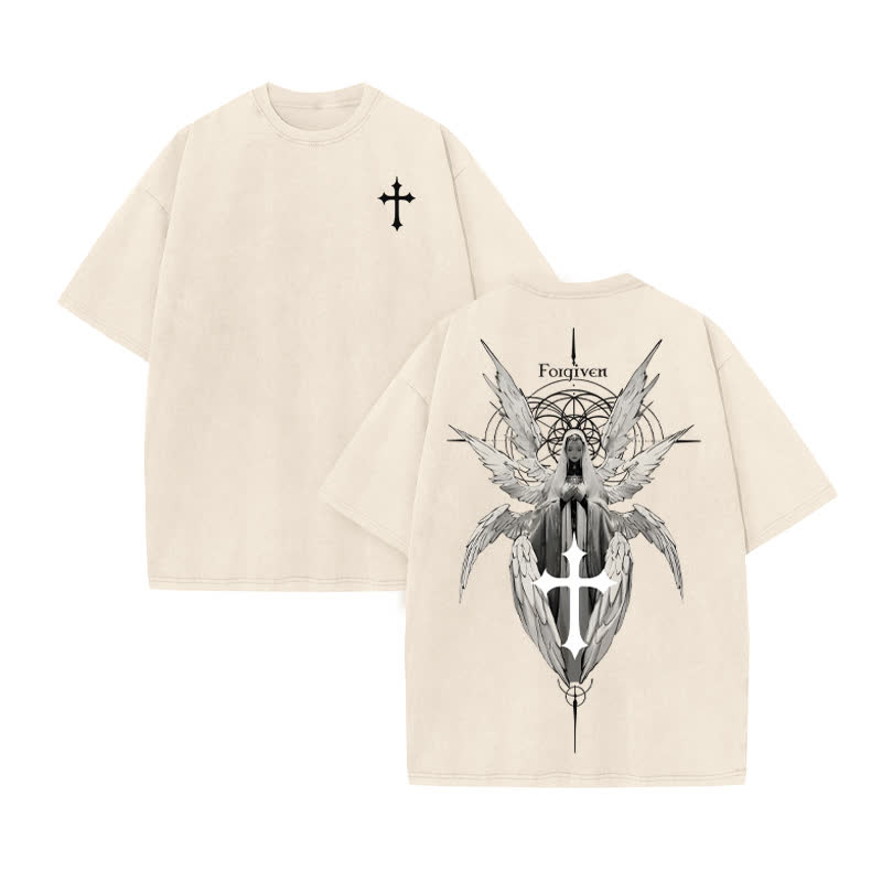 Unisex Forgiven Print Acid Washed T-shirt - Beige - US20-22(3XL) - image 2
