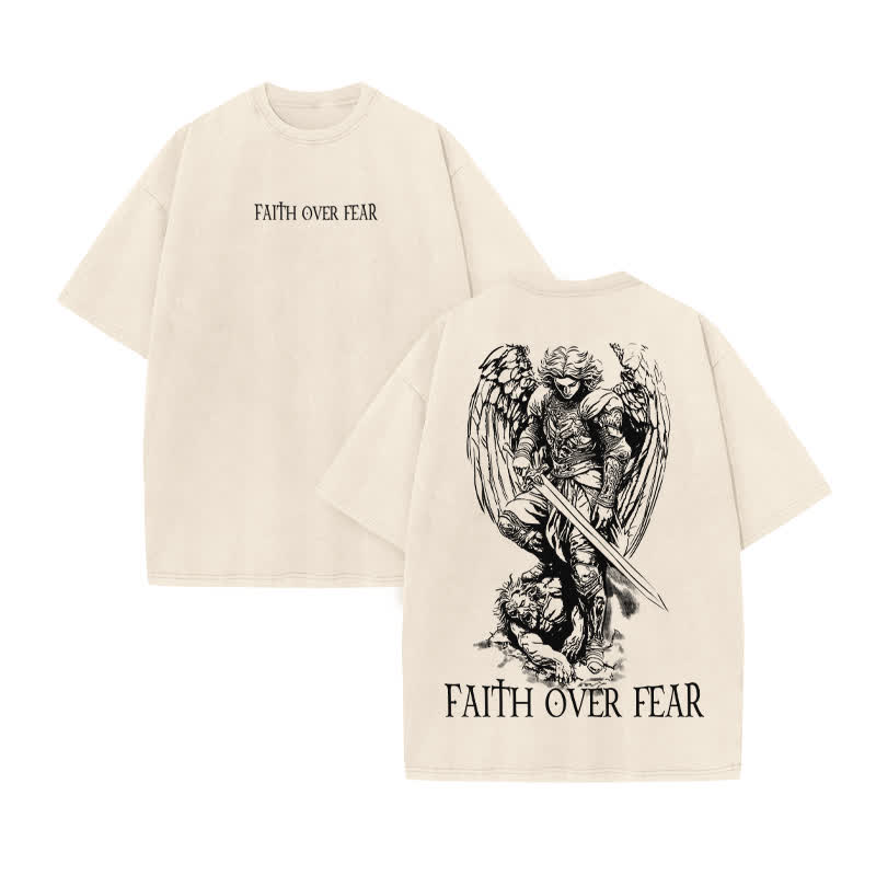 Unisex Faith Over Fear Print Acid Washed T-shirt - Beige - US20-22(3XL) - image 2