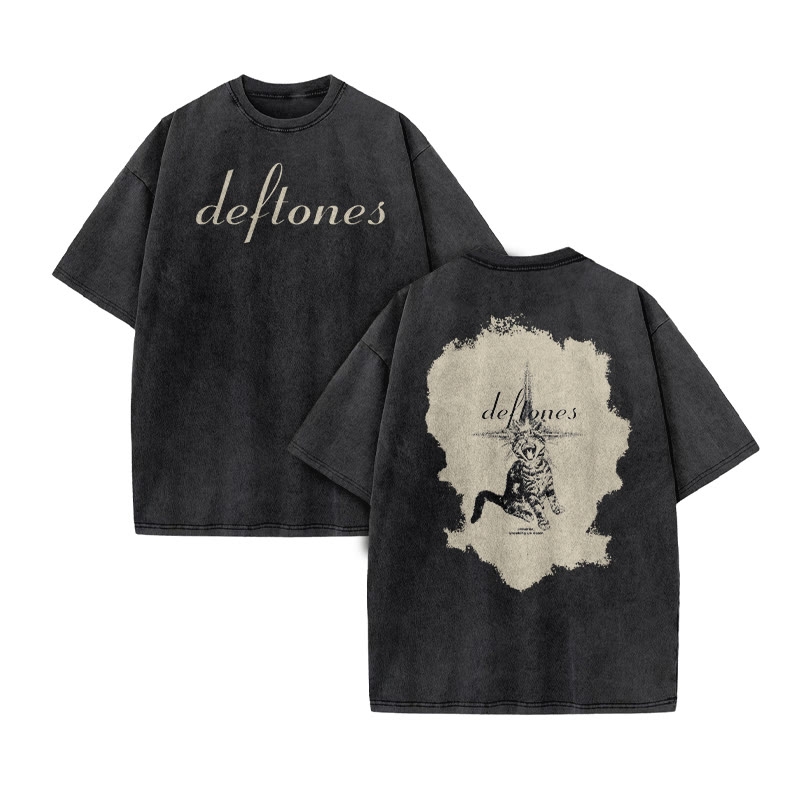 Unisex Deftones Meme Cat Print Acid Washed T-shirt - Black - US20-22(3XL) - image 2