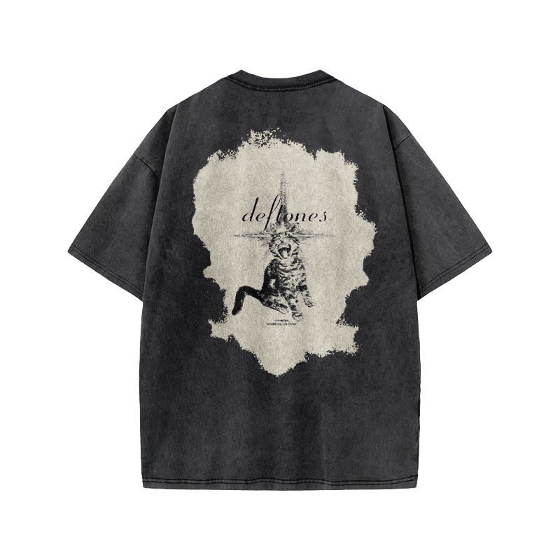 Unisex Deftones Meme Cat Print Acid Washed T-shirt - image 1