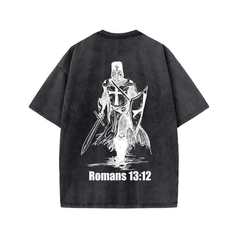 Unisex Romans 13:12 Bring The Weapons Of Light Print Acid Washed T-shirt - Black - US20-22(3XL) - image 2