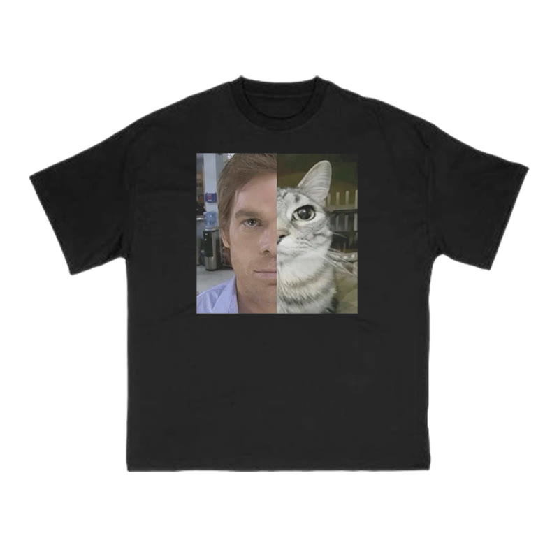 Unisex Patchwork Cat Print T-shirt - Black - US16-18(2XL) - image 1