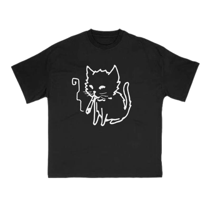 Unisex Smoking Cat Print T-shirt - Black - US16-18(2XL) - image 2