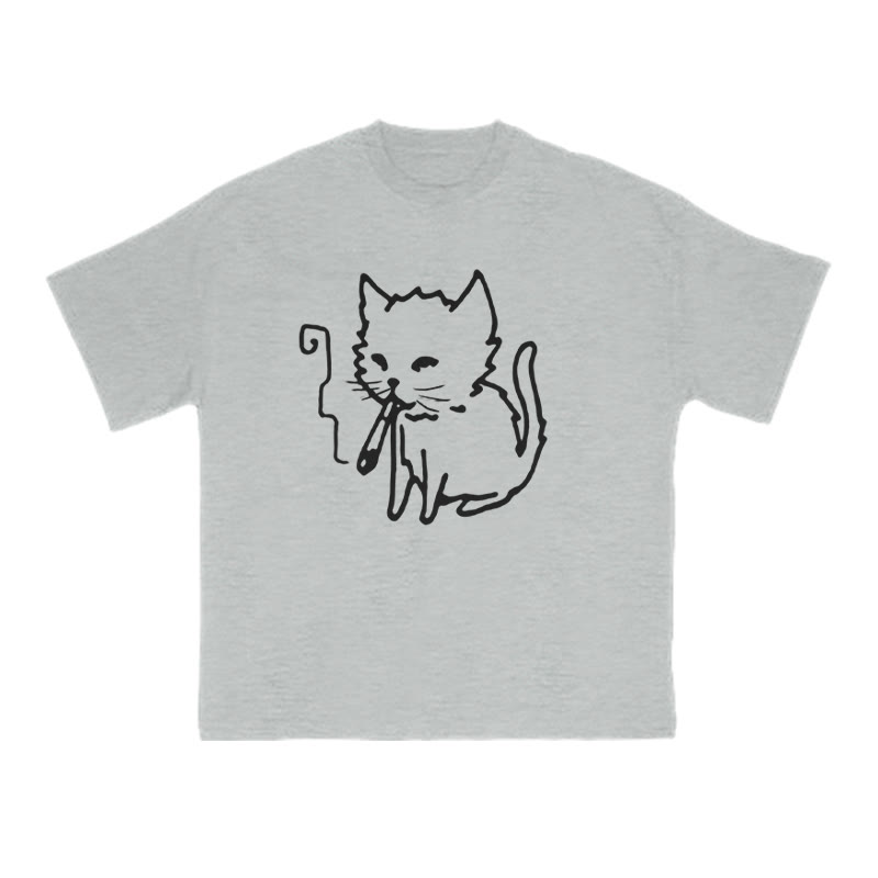 Unisex Smoking Cat Print T-shirt - Grey - US16-18(2XL) - image 1