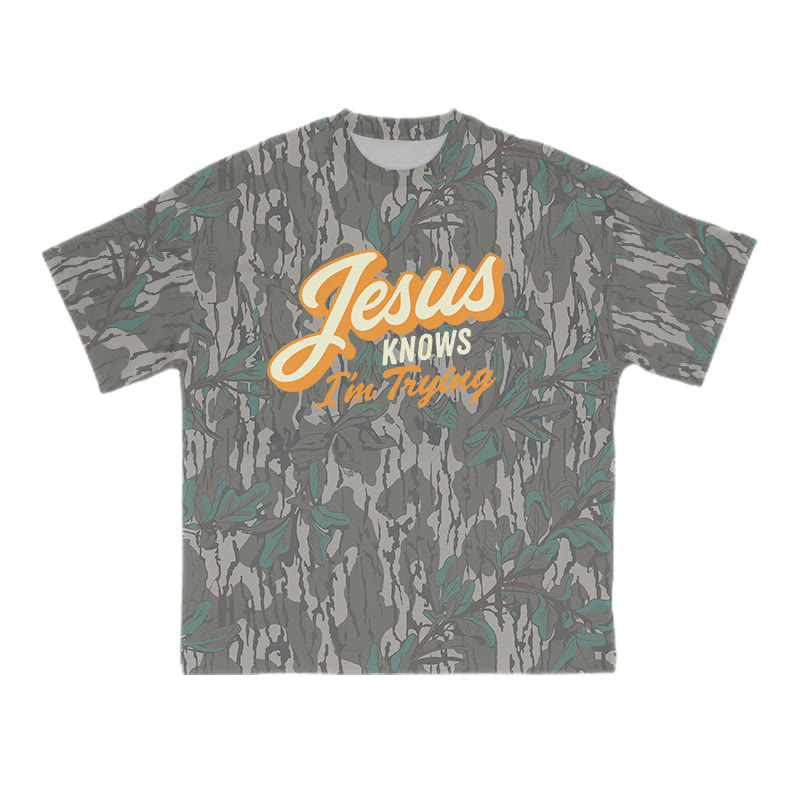 Unisex Jesus Knows I'm Trying Bark Camouflage Print T-shirt - Grey - 8XL - image 1
