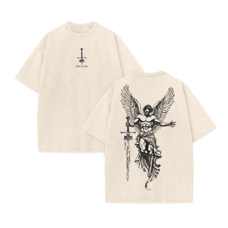 Unisex Jesus Is King Print Acid Washed T-shirt - Beige - US20-22(3XL) - image 2