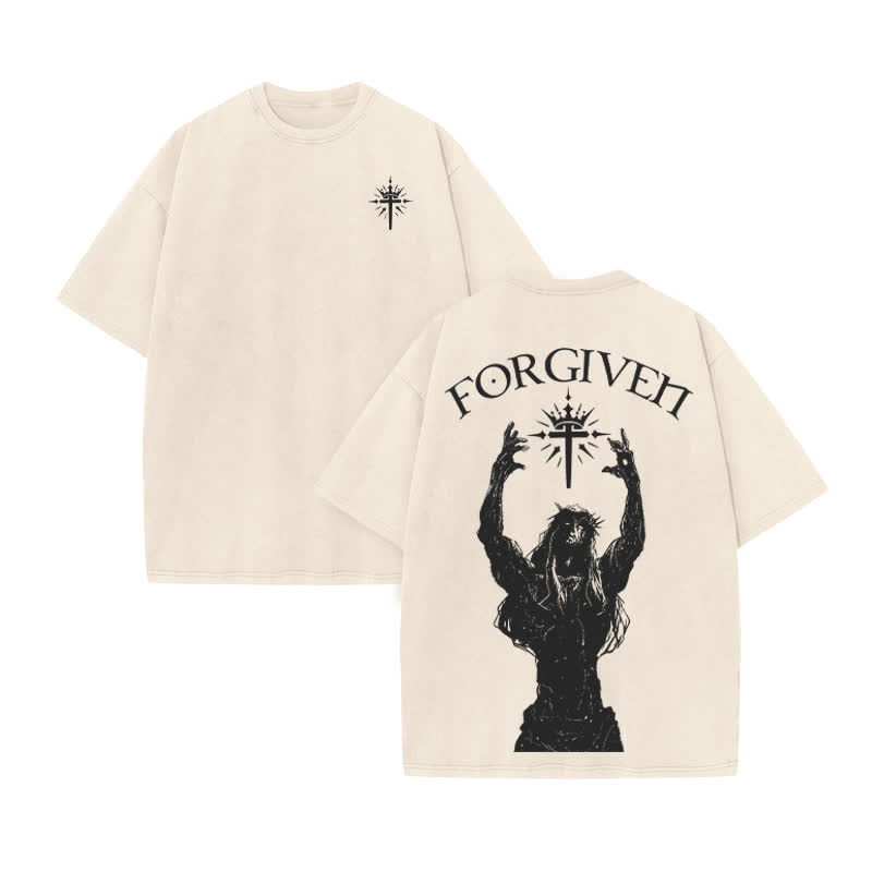 Unisex Forgiven Print Acid Washed T-shirt - Beige - US20-22(3XL) - image 2