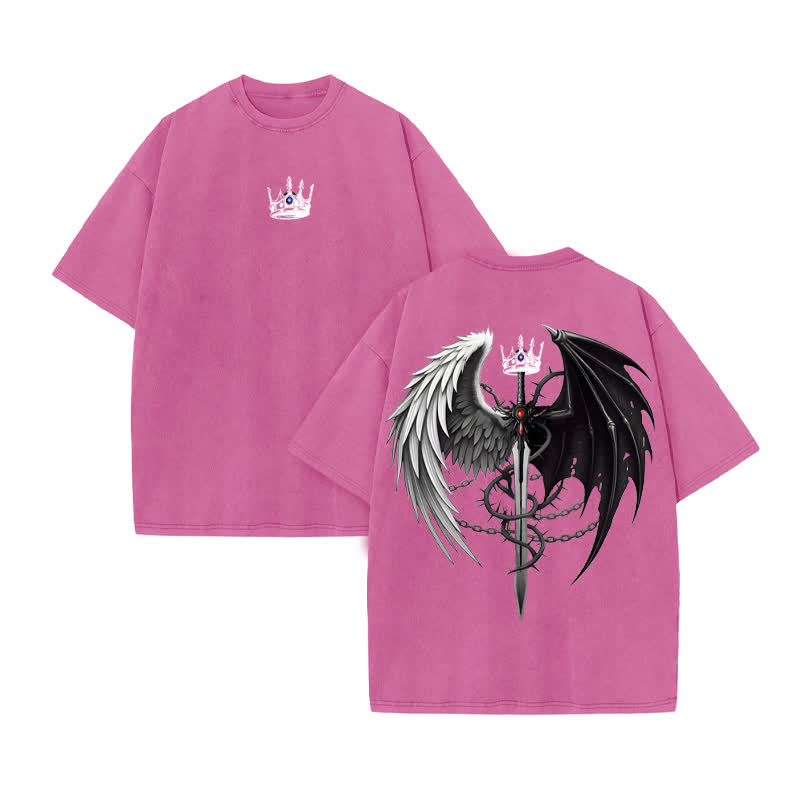 Unisex Angel And Devil Wings Design Print Acid Washed T-shirt - Pink - US20-22(3XL) - image 8
