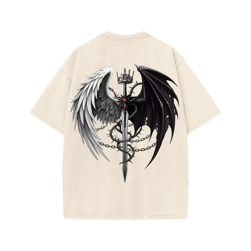 Unisex Angel And Devil Wings Design Print Acid Washed T-shirt - image 1