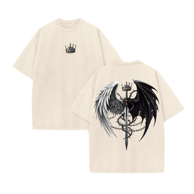 Unisex Angel And Devil Wings Design Print Acid Washed T-shirt - Beige - US20-22(3XL) - image 2