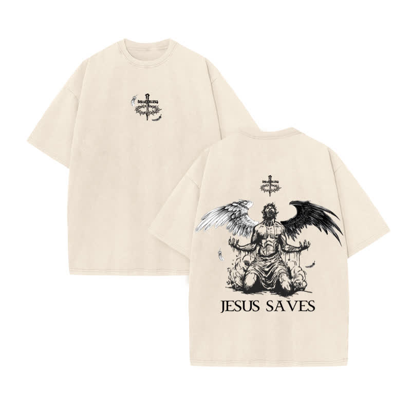 Unisex Jesus Saves Print Acid Washed T-shirt - Beige - US20-22(3XL) - image 2