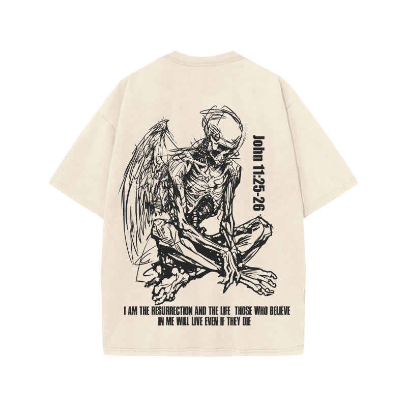 Unisex John 11:25-26 Print Acid Washed T-shirt - Beige - US20-22(3XL) - image 1