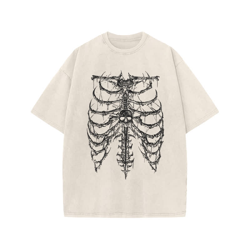 Unisex Exoskeleton Illustration Design Print Acid Washed T-shirt - Beige - US20-22(3XL) - image 2