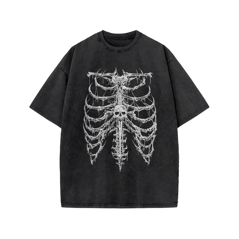 Unisex Exoskeleton Illustration Design Print Acid Washed T-shirt - Black - US20-22(3XL) - image 1