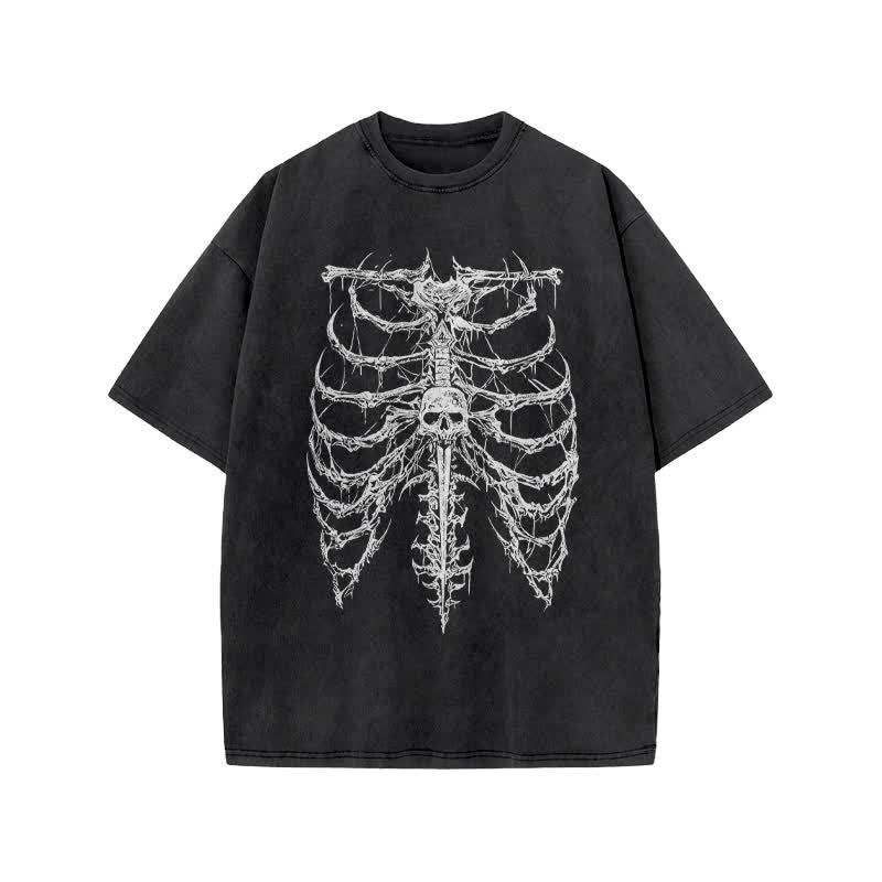 Unisex Exoskeleton Illustration Design Print Acid Washed T-shirt - Black - US20-22(3XL) - image 1