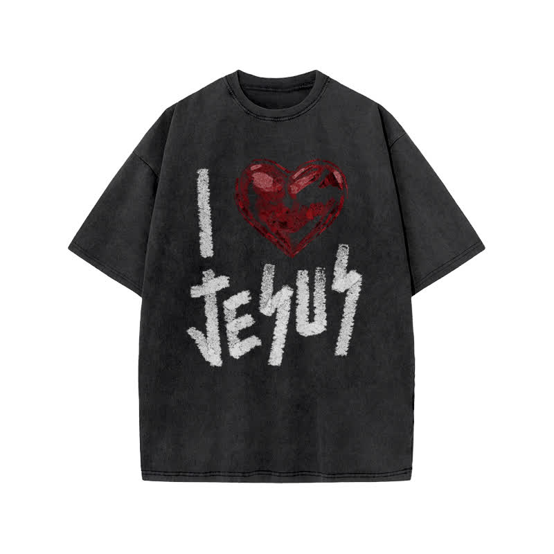 Unisex 100% Cotton I Love Jesus Print Acid Washed T-shirt - Black - US20-22(3XL) - image 2