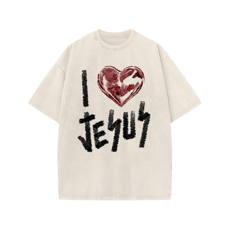 Unisex 100% Cotton I Love Jesus Print Acid Washed T-shirt - Beige - US20-22(3XL) - image 1