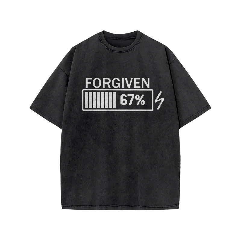 Unisex 100% Cotton Forgiven Charging Progress Print Acid Washed T-shirt - Black - US20-22(3XL) - image 2