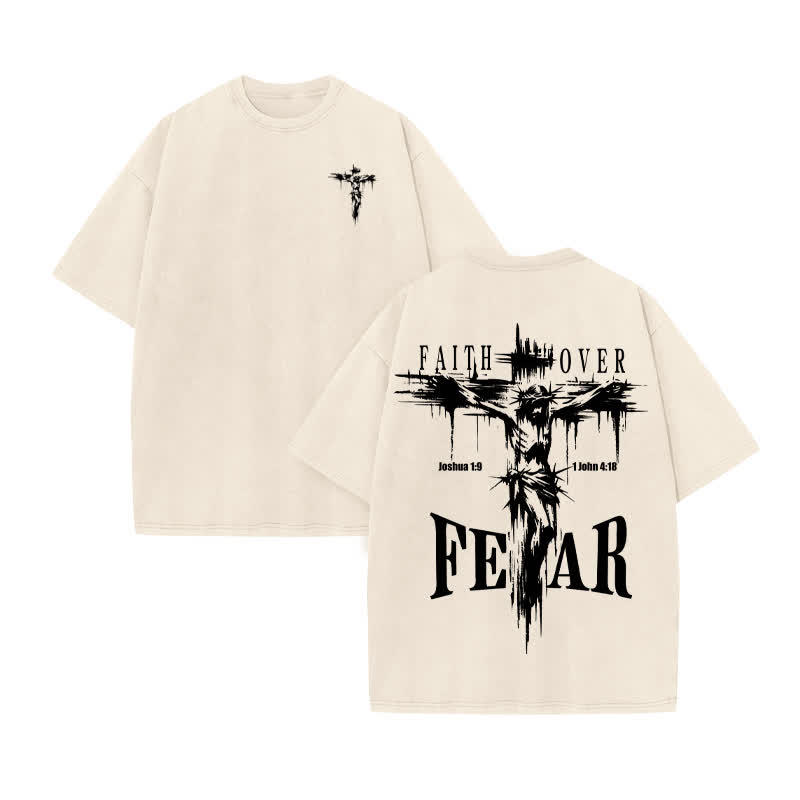 Unisex Faith Over Fear Print Acid Washed T-shirt - Beige - US20-22(3XL) - image 2