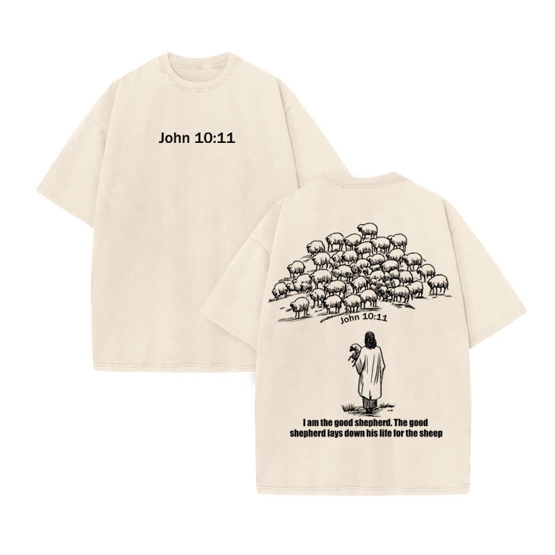 Unisex John 10:11 Print Acid Washed T-shirt - Beige - US20-22(3XL) - image 2