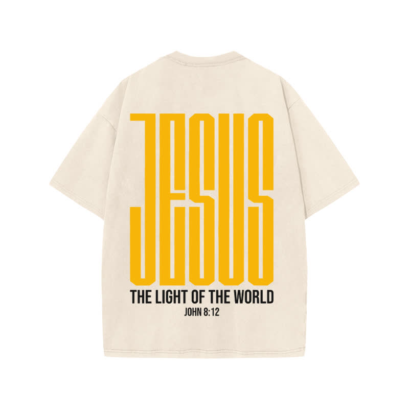 Unisex Jesus The Light Of The World Print Acid Washed T-shirt - Beige - US20-22(3XL) - image 2