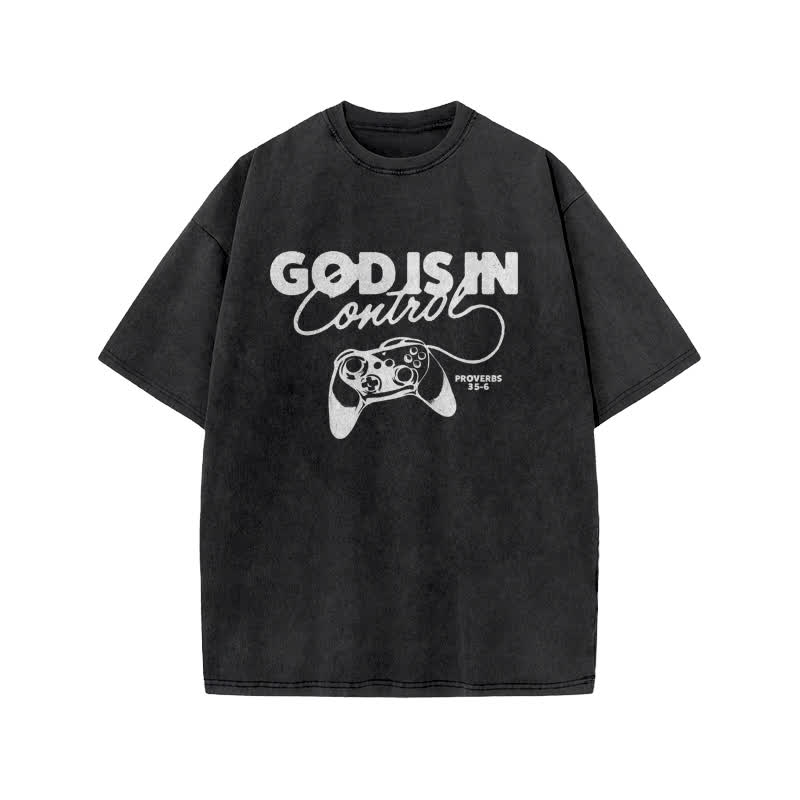Unisex Cute God Is In Control Print Acid Washed T-shirt - Black - US20-22(3XL) - image 2