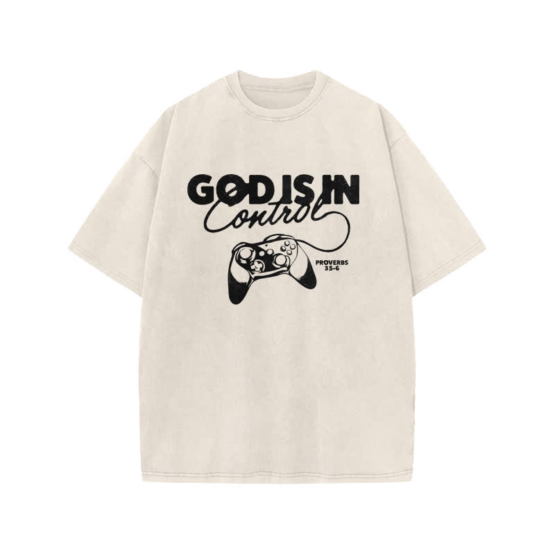 Unisex Cute God Is In Control Print Acid Washed T-shirt - Beige - US20-22(3XL) - image 1