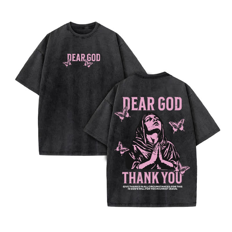 Unisex Thank You Dear God Print Acid Washed T-shirt - Black - US20-22(3XL) - image 2