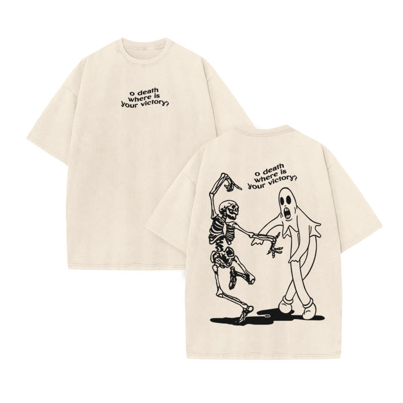 Unisex O Death Where Is Your Victory Print Acid Washed T-shirt - Beige - US20-22(3XL) - image 2