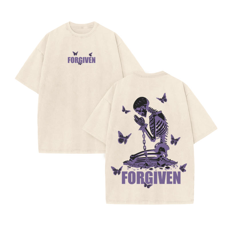 Unisex Forgiven Print Acid Washed T-shirt - Beige - US20-22(3XL) - image 2