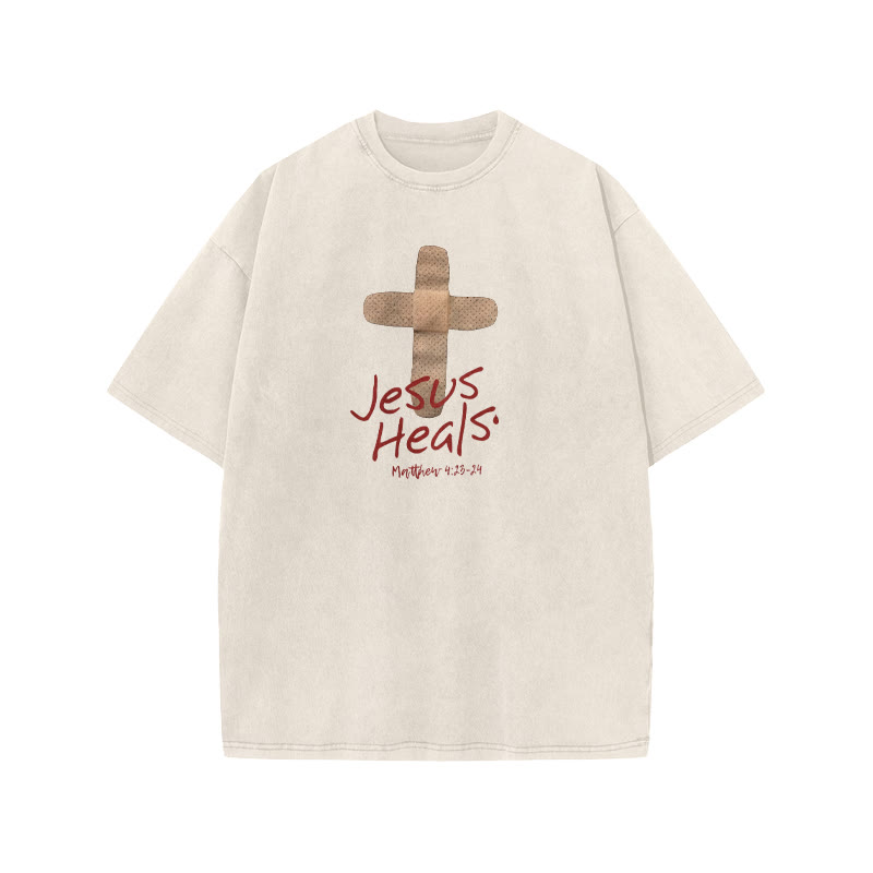 Unisex Cute Jesus Heals Matthew 4:23-24 Print Acid Washed T-shirt - Beige - US20-22(3XL) - image 2