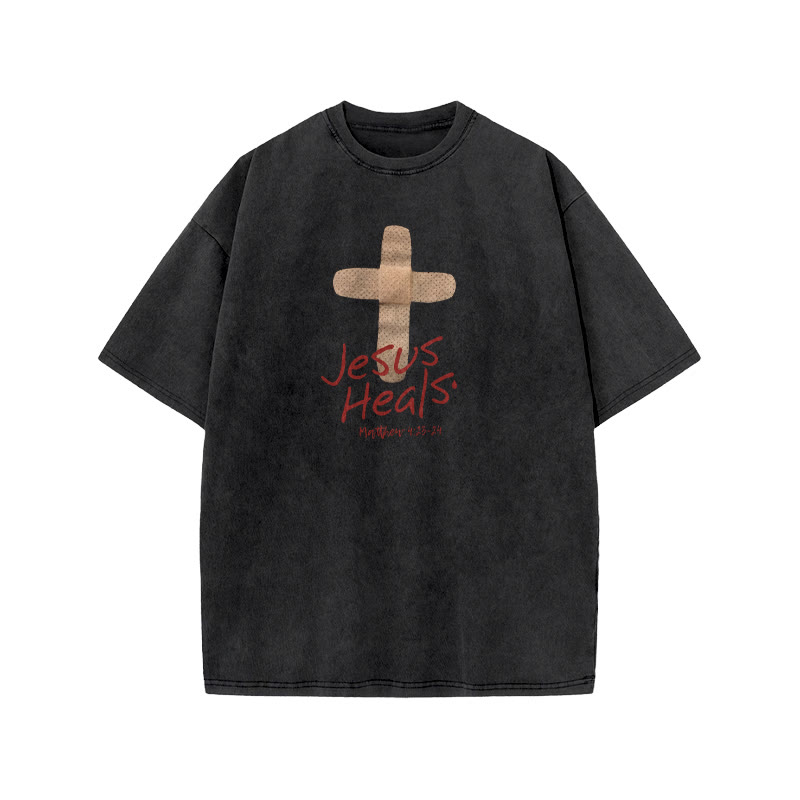 Unisex Cute Jesus Heals Matthew 4:23-24 Print Acid Washed T-shirt - Black - US20-22(3XL) - image 1