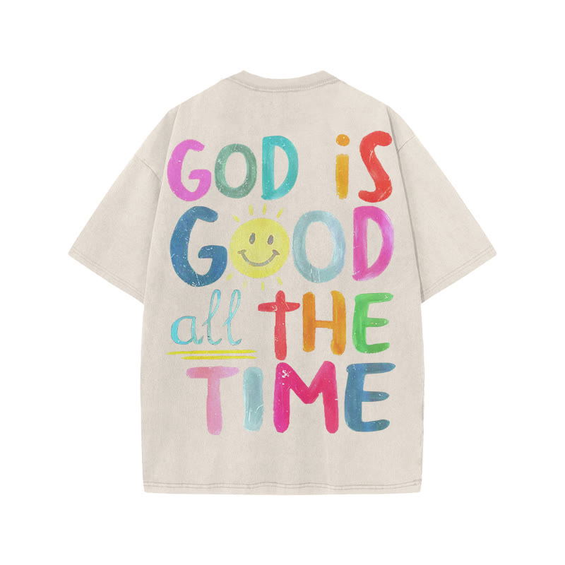 Unisex God Is Good All The Time Print Acid Washed T-shirt - Beige - US20-22(3XL) - image 2