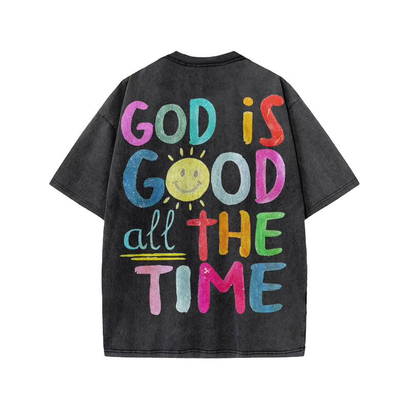 Unisex God Is Good All The Time Print Acid Washed T-shirt - Black - US20-22(3XL) - image 1