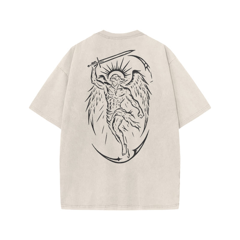 Unisex The Archangel Print Acid Washed T-shirt - Beige - US20-22(3XL) - image 2