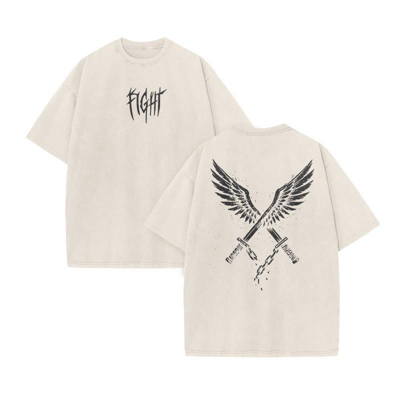 Unisex Fight Print Acid Washed T-shirt - Beige - US20-22(3XL) - image 3