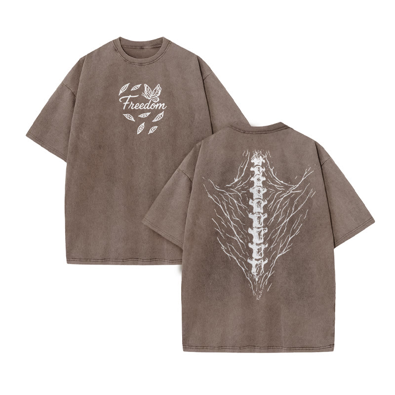 Unisex Freedom Print Acid Washed T-shirt - Coffee - US20-22(3XL) - image 4
