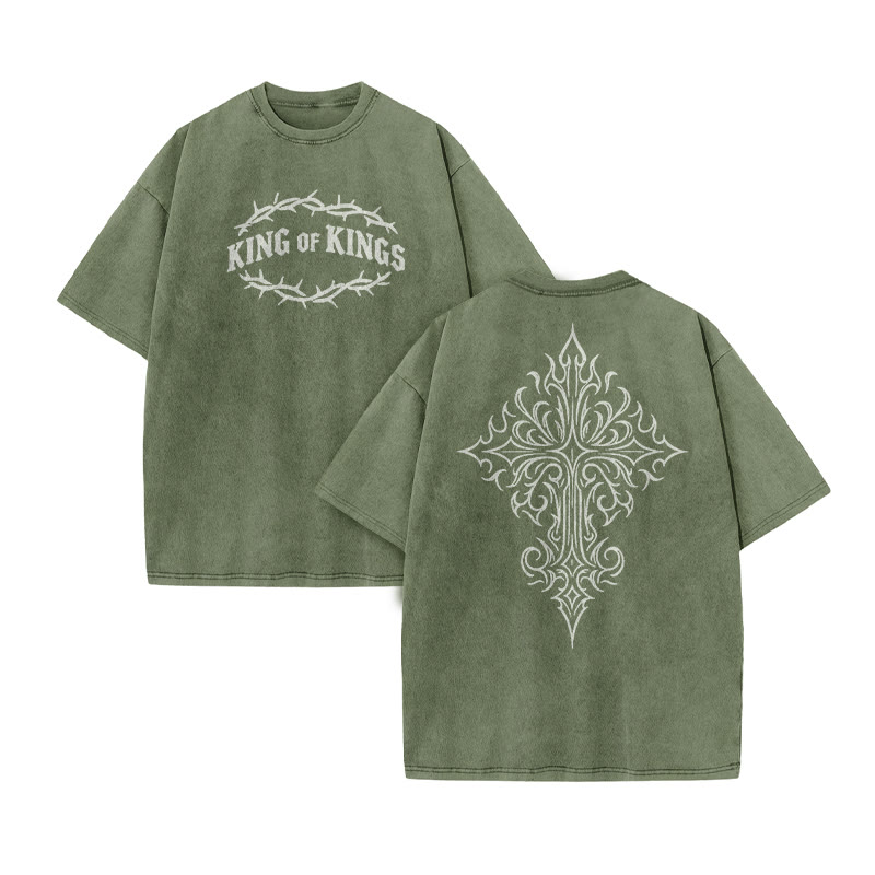 Unisex King Of Kings Cross Print Acid Washed T-shirt - Army Green - US20-22(3XL) - image 6