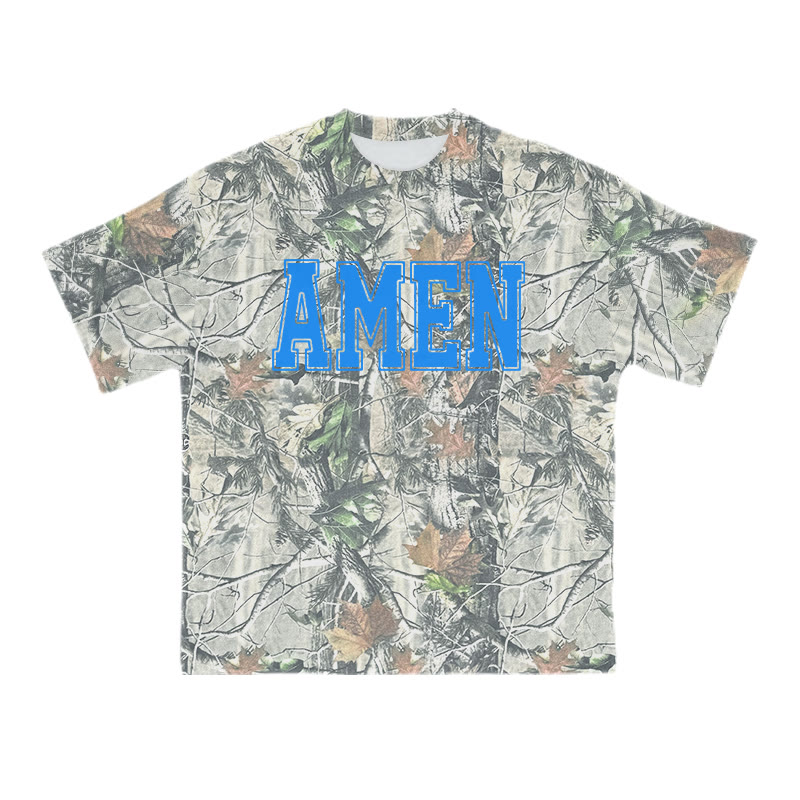 Unisex Amen Dead Leaves Camouflage Print T-shirt - Blue - 8XL - image 1